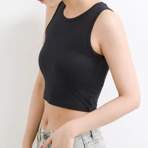 Retro K-POP Crop Top: High Waist Slim Fit Sleeveless Tee for Women