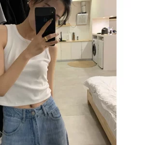 Retro K-POP Crop Top: High Waist Slim Fit Sleeveless Tee for Women