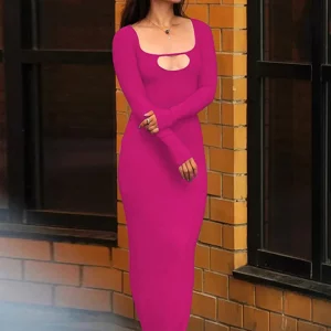 Ribbed Square Neck Long Sleeve Maxi Dress | Sexy Elegant Fall Party Outfit