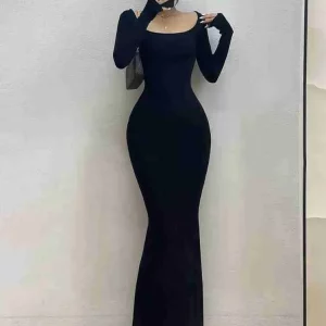 Ribbed Square Neck Maxi Dress: Elegant Long Sleeve Evening Wear for Gen Z & Y2K Fashion | K-POP & Korean Streetwear