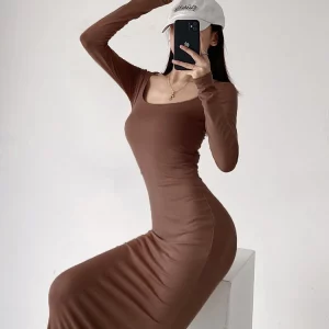 Ribbed Square Neck Maxi Dress: Elegant Long Sleeve Evening Wear for Gen Z & Y2K Fashion | K-POP & Korean Streetwear