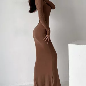 Ribbed Square Neck Maxi Dress: Elegant Long Sleeve Evening Wear for Gen Z & Y2K Fashion | K-POP & Korean Streetwear