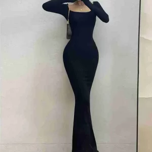 Ribbed Square Neck Maxi Dress: Elegant Long Sleeve Evening Wear for Gen Z & Y2K Fashion | K-POP & Korean Streetwear