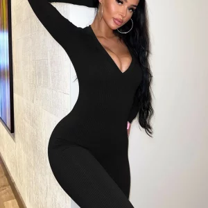 Ribbed V-Neck Long Sleeve Bodycon Jumpsuit | Women's Streetwear Fashion