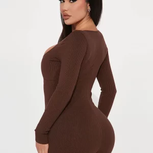 Ribbed V-Neck Long Sleeve Bodycon Playsuit | Fall Streetwear Fashion