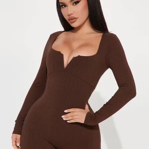 Ribbed V-Neck Long Sleeve Bodycon Playsuit | Fall Streetwear Fashion