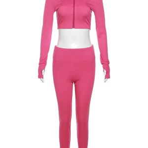 Ribbed Women's 2-Piece Tracksuit Set | Sporty Zip Top & Leggings | Casual Streetwear