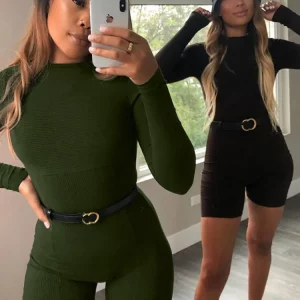 Ribbed Zip-Up Bodycon Playsuit: Long Sleeve Streetwear Fashion for Women