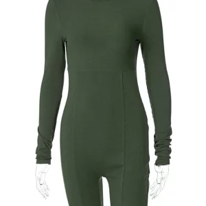 Ribbed Zip-Up Bodycon Playsuit: Long Sleeve Streetwear Fashion for Women