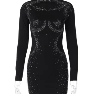 Sequined Long Sleeve Black Mini Dress | Sexy Slim Fit | K-POP Streetwear Fashion