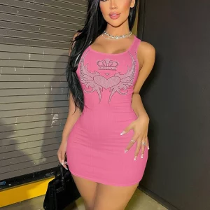 Sequined Pink Sleeveless Mini Dress | Y2K Streetwear Fashion for Women