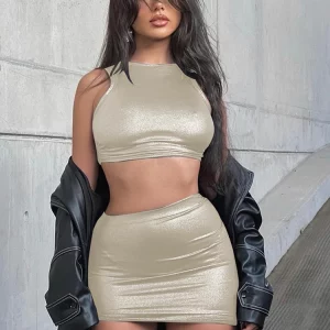 Shinny Silky Two-Piece Set: Sleeveless Vest + Drawstring Skirt