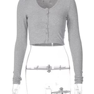 Solid O Neck Button Long Sleeve Crop Top | Women's Streetwear Fashion | Y2K Style