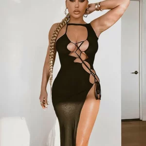 Spring Women's K-POP Halter Bodycon Dress | Sexy Hollow Out Streetwear for Gen Z & Y2K Fashion