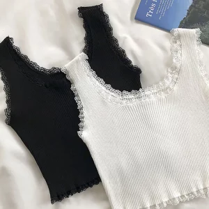 Square Neck Lace Crop Top: Women's Basic Solid Tank Top