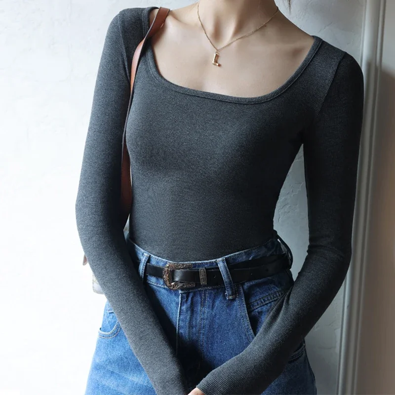 Square Neck Solid T-shirt: K-POP Korean Streetwear Style for Women