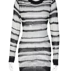 Striped Knitted O Neck Long Sleeve Mini Dress | Women's Streetwear Fashion for Gen Z & Y2K Style