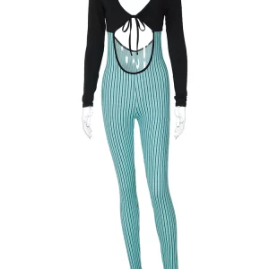 Striped Print Long Sleeve Backless Lace-Up Bodycon Jumpsuit | K-POP Korean Fashion Streetwear