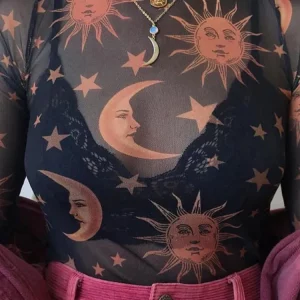 Sun Moon Print Mesh Sexy T-Shirt | Women's O-Neck Long Sleeve Casual Top