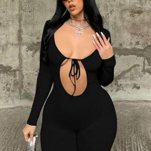 V-Neck Lace-Up Bodycon Jumpsuit: Fall Solid Long Sleeve, Streetwear Fashion for Women