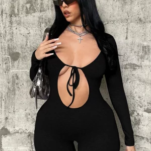 V-Neck Lace-Up Bodycon Jumpsuit: Fall Solid Long Sleeve, Streetwear Fashion for Women