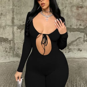 V-Neck Lace-Up Bodycon Jumpsuit: Fall Solid Long Sleeve, Streetwear Fashion for Women