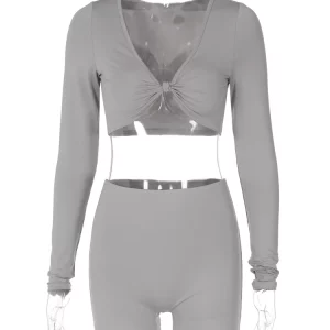 V Neck Ruched Knot Crop Top & Shorts Set | Women's Streetwear Y2K Fashion