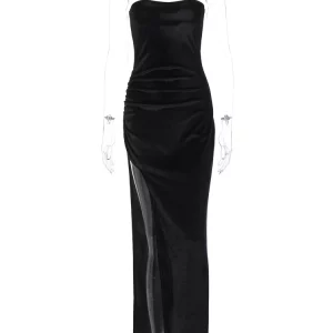 Velvet Strapless Black Bodycon Maxi Dress for Women - Elegant & Sexy Evening Party Outfit