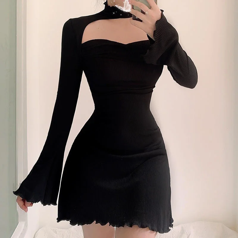 Vintage Black Knitted Bodycon Mini Dress | Sexy A-Line Night Dress for Women | Streetwear Fashion