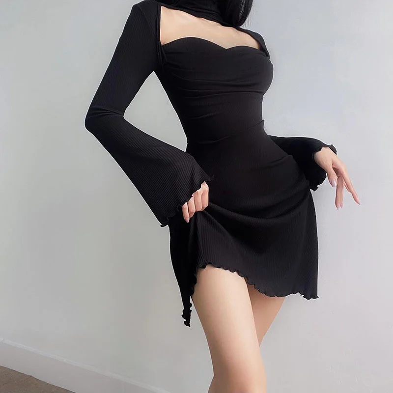 Vintage Black Knitted Bodycon Mini Dress | Sexy A-Line Night Dress for Women | Streetwear Fashion