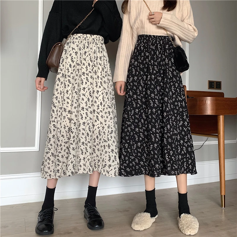 Vintage Floral Print A-line Pleated Midi Skirt for Women - Korean Streetwear Fashion