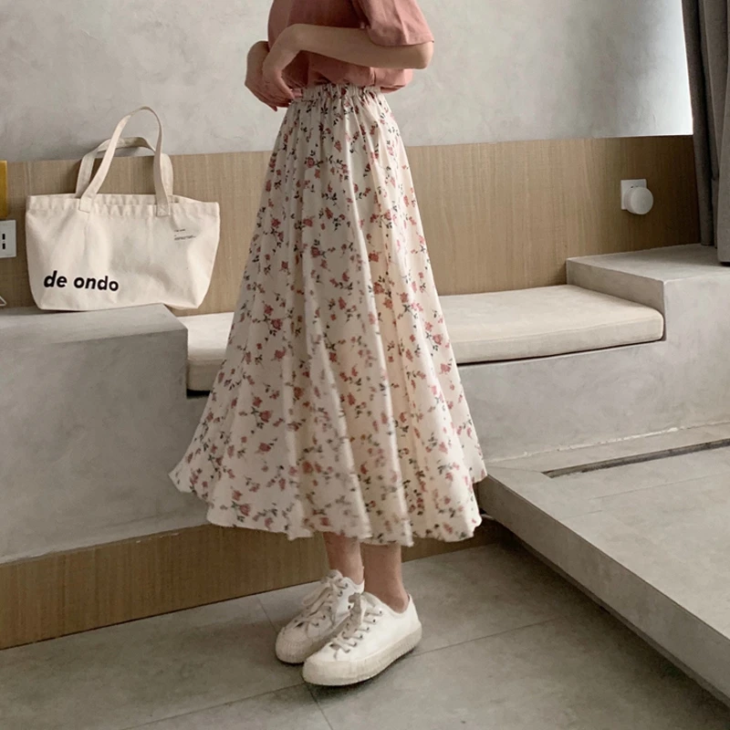 Vintage Floral Print A-line Pleated Midi Skirt for Women - Korean Streetwear Fashion