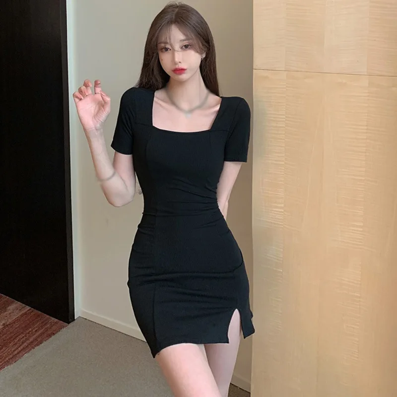 Vintage French Style Bodycon Dress | Square Neckline | Short Sleeves | Slim Fit | K-POP Streetwear