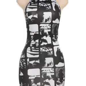 Vintage Hipster Print Backless Dress: Sexy Sleeveless Bodycon Streetwear for Women