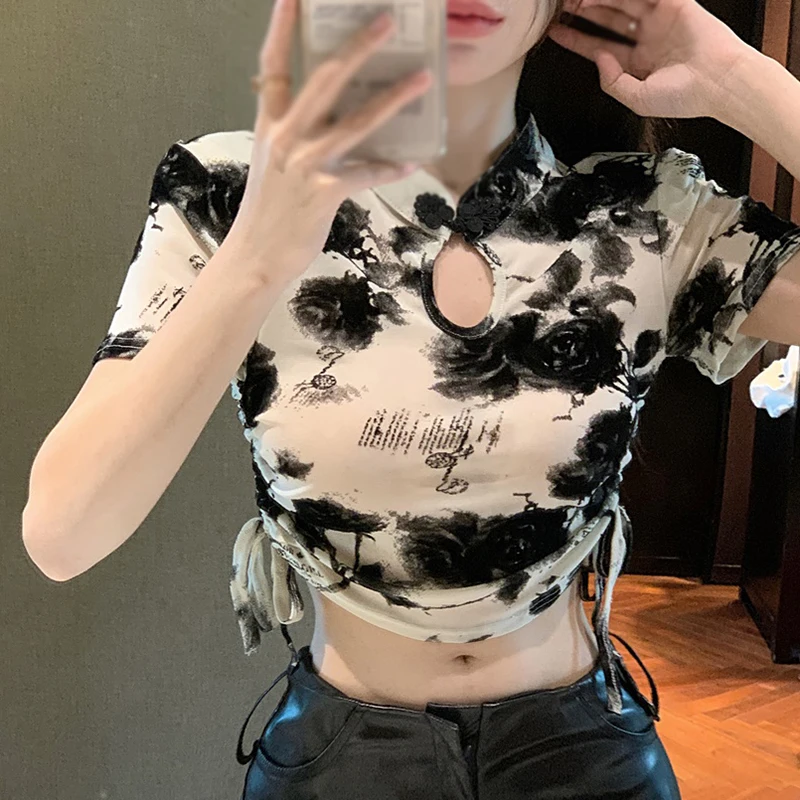 Vintage Ink Painting Women's Short Sleeve T-shirts with Drawstring Chest - K-POP Korean Streetwear