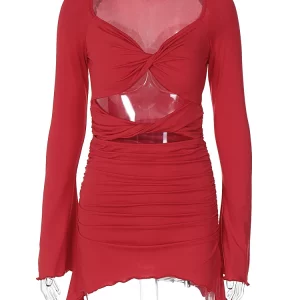 Winter Elegant Hollow Out Ruched Irregular Mini Dress | Women's Y2K Fashion