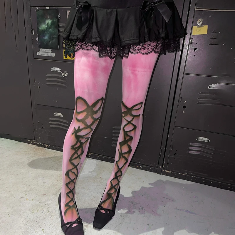 Y2K Art Graffiti Print Mesh Pink Leggings with Bow Detail