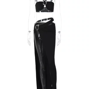 Y2K Black Backless Crop Top and Maxi Skirt Set for Gen Z Fashionistas