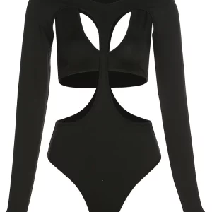 Y2K Black Hollow Out Slim Fit Bodysuit | Sexy Streetwear for Women
