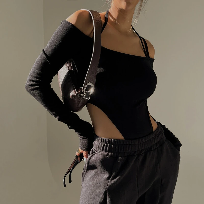 Y2K Black Off Shoulder Halter Bodysuit | Sexy Aesthetic Streetwear for Women