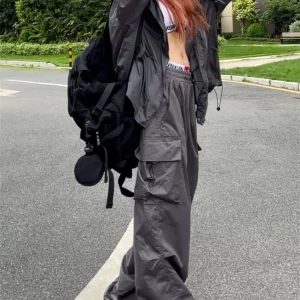 Y2K Black Parachute Pants Women | Streetwear Cargo Trousers