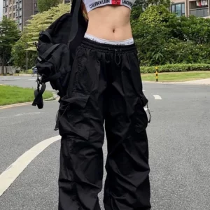 Y2K Black Parachute Pants Women | Streetwear Cargo Trousers