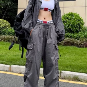 Y2K Black Parachute Pants Women | Streetwear Cargo Trousers