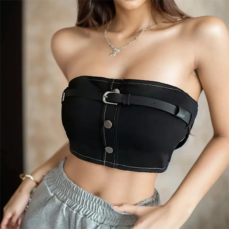 Y2K Cotton Strapless Bra Top with Belt | Backless Tube Top for Women