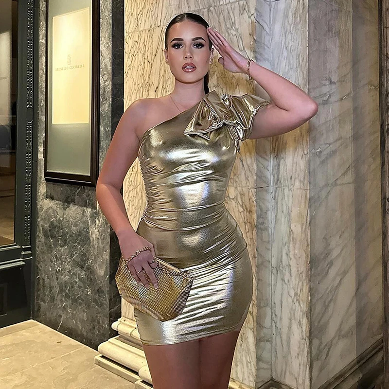 Y2K Gold Laser Slash Neck Sleeveless Mini Dress for Gen Z & K-POP Fashion