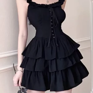 Y2K Gothic Lolita Kawaii Slip Dress: Harajuku Off-Shoulder Black Ruffles for Gen Z Women