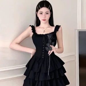 Y2K Gothic Lolita Kawaii Slip Dress: Harajuku Off-Shoulder Black Ruffles for Gen Z Women