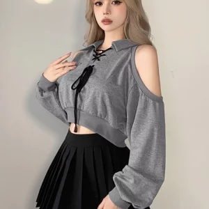 Y2K Gray Cropped Hoodie: Harajuku Off-Shoulder Sweatshirt for Women - Korean Streetwear Chic, Gothic Kpop