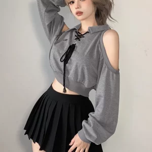 Y2K Gray Cropped Hoodie: Harajuku Off-Shoulder Sweatshirt for Women - Korean Streetwear Chic, Gothic Kpop