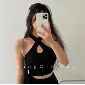 Y2K Halter Knitted Tank Tops: Sexy Off Shoulder Crop for Gen Z